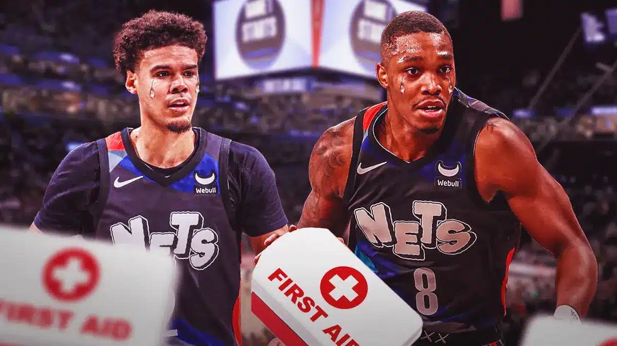 Nets' Cam Johnson and Lonnie Walker both with animated tears while holding a first-aid kit