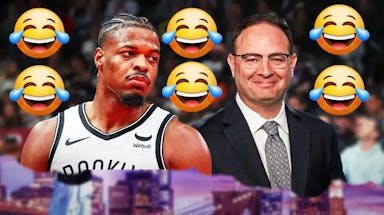 Nets' Dennis Smith Jr. and ESPN’s Adrian "Woj" Wojnarowski with laughing emojis around.