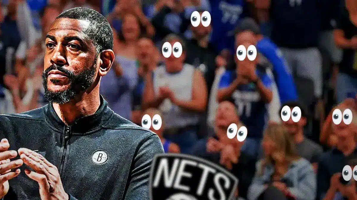 Kevin Ollie on one side, a bunch of Brooklyn Nets fans on the other side with the big eyes emoji over their faces