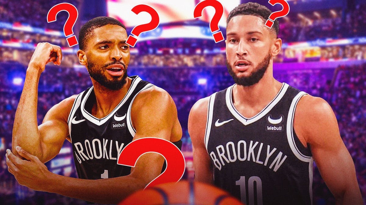 Nets' Mikal Bridges, Ben Simmons looking down with question marks above their heads
