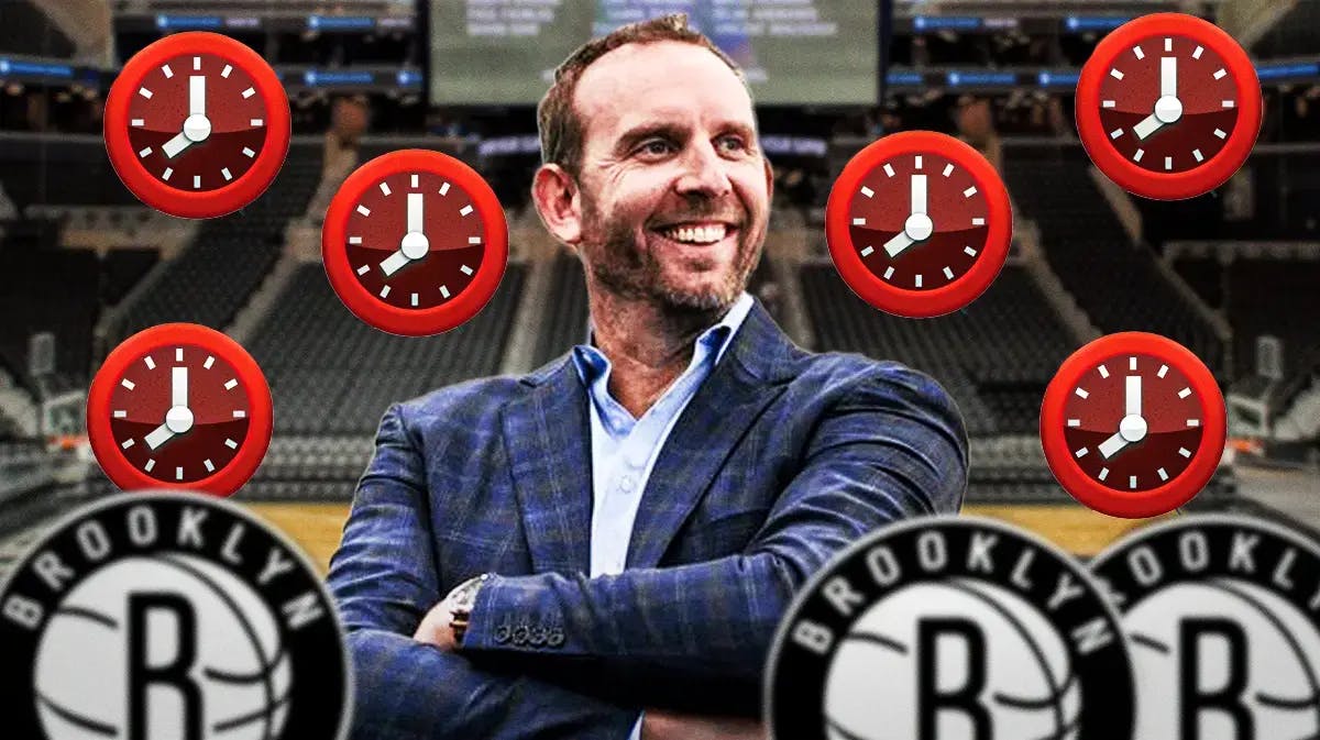 Nets GM Sean Marks with Barclays Center background and clock emojis all around