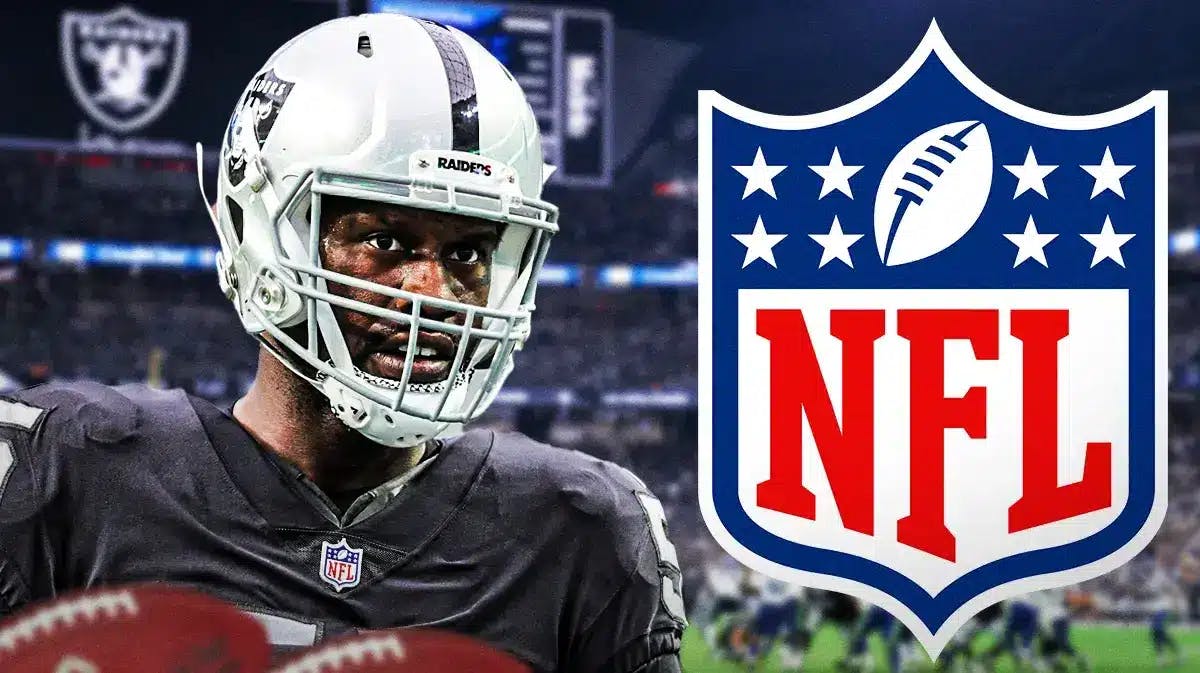 Former Raiders DE Chandler Jones stands in front of NFL news logo as a free agent, fans stand concerned about Jones' mental health
