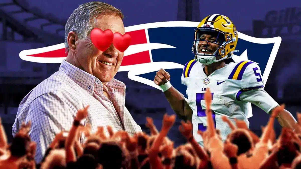 Bill Belichick with hearts in his eyes looking at LSU Jayden Daniels in front of a Patriots logo