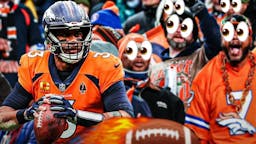 Russell Wilson with a bunch of Denver Broncos fans who have the big eyes emoji over their faces around him