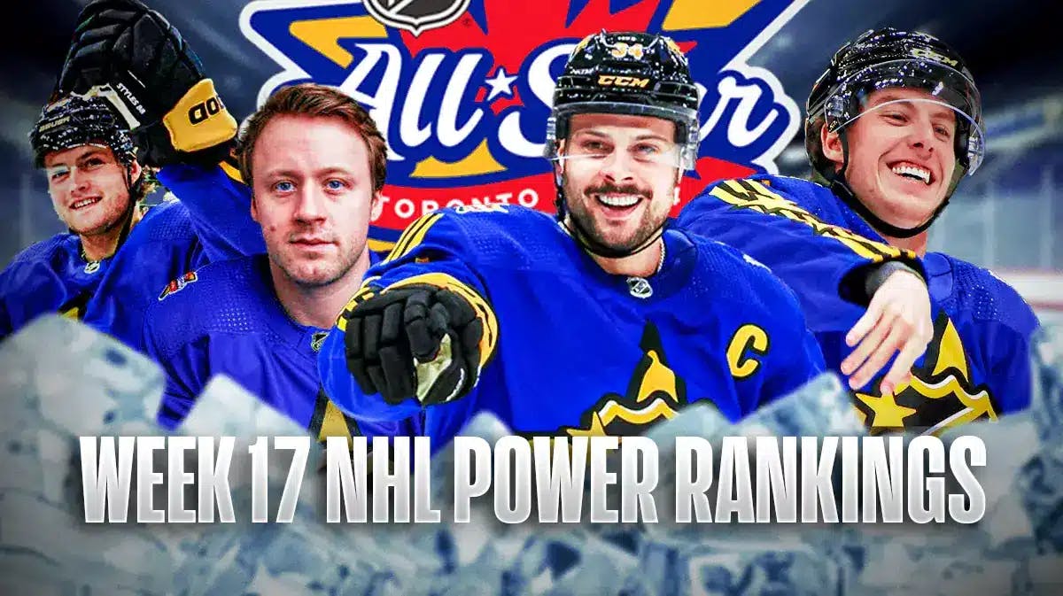 William Nylander, Auston Matthews, Morgan Rielly and Mitch Marner all in image looking happy and all wearing their 2024 All-Star Jerseys, TOR Maple Leafs logo, 2024 NHL All-Star Game logo, hockey rink in background Week 17 NHL Power Rankings