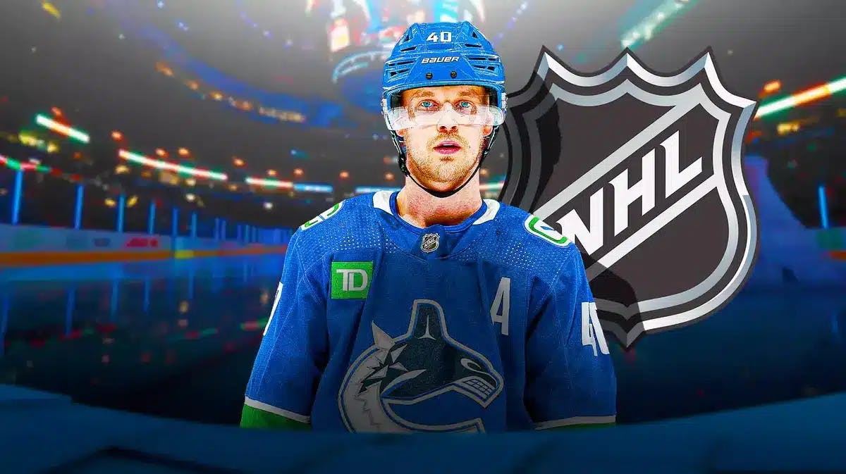 Canucks' Elias Pettersson stands next to NHL rumors logo amid Hurricanes trade talks