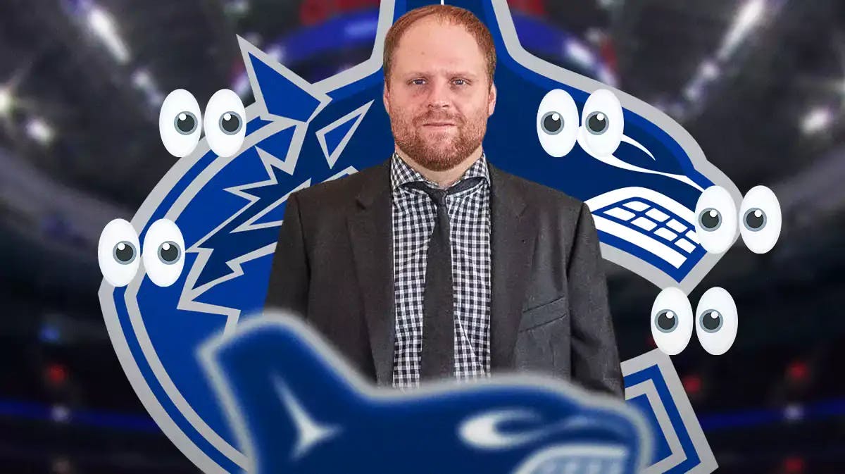 Phil Kessel in middle of image looking happy not in a jersey if possible, Vancouver Canucks logo, 3-5 eyes emojis in image, hockey rink in background