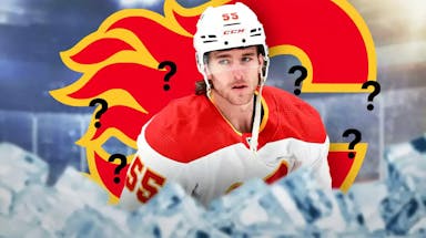 Noah Hanifin in middle of image looking stern, CGY Flames logo in image, 3-5 question marks, hockey rink in background