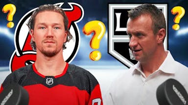 Tyler Toffoli in middle of image looking stern, Rob Blake in image, NJ Devils and LA Kings logos, 3-5 question marks, hockey rink in background