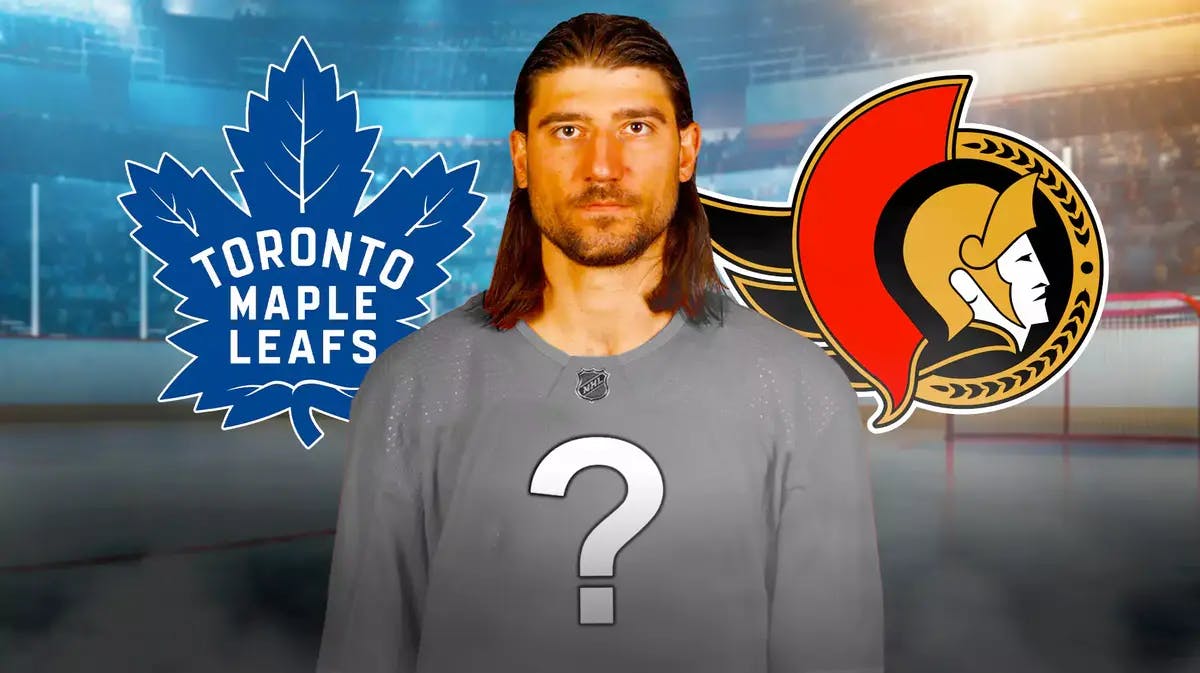Chris Tanev with a blank jersey and question mark in the middle. Add Maple Leafs and Senators logos in the background