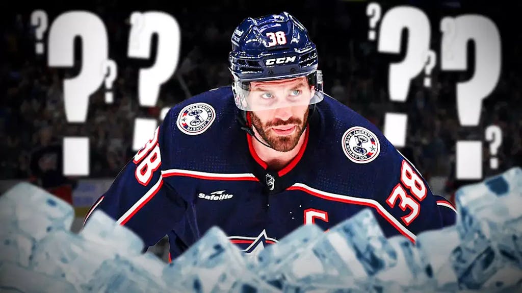 Blue Jackets player Boone Jenner with question marks around him.