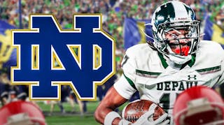 Notre Dame logo on the left, while on the right is Elijah Burress.