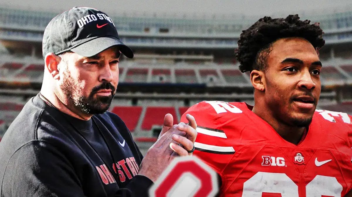 Ohio State football hrad coach Ryan Day and star TreVeyon Henderson in front of Ohio Stadium.