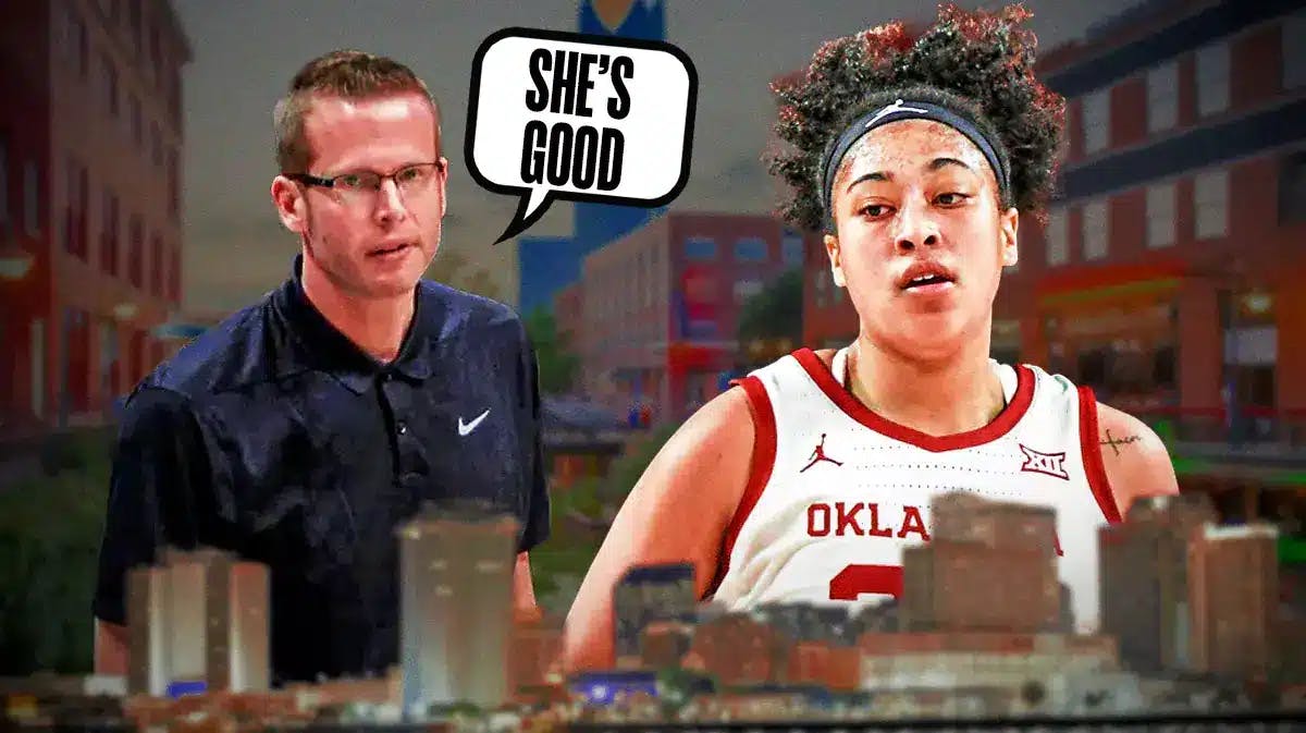 Oklahoma women’s basketball player Skylar Vann, and TCU women’s basketball coach Mark Campbell. Mark Campbell has a text bubble that says “She’s good”