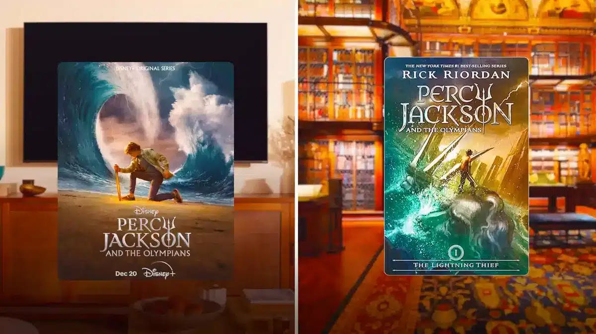 Percy Jackson and the Olympians series poster on the right, book cover on the left