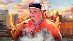 Orioles shortstop Jackson Holliday on fire, Oriole park behind him