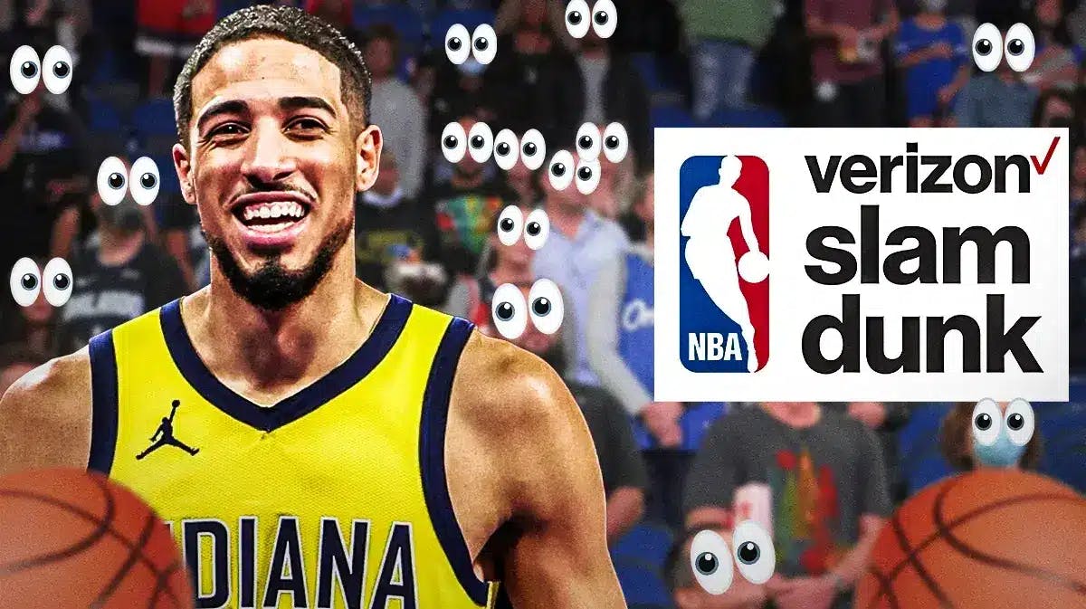 Tyrese Haliburton on one side, the NBA Slam Dunk Contest logo on the other side, a bunch of the big eyes emojis in the background