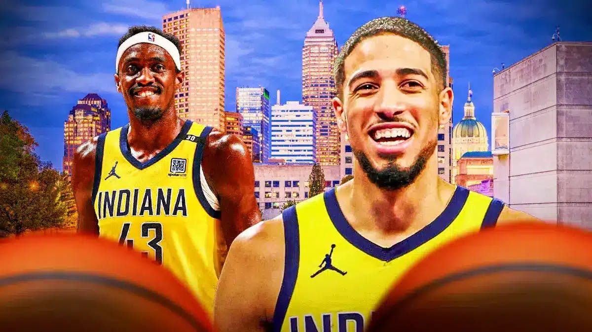 Indiana Pacers stars Tyrese Haliburton and Pascal Siakam in front of the city they play for.