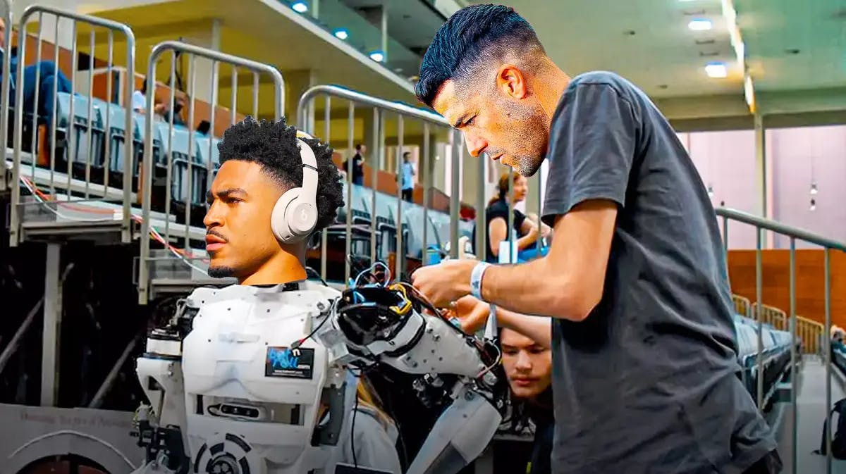 Dave Canales (Panthers head coach) as a man fixing a robot. Facweswap Bryce Young’s face/head with the robot’s.