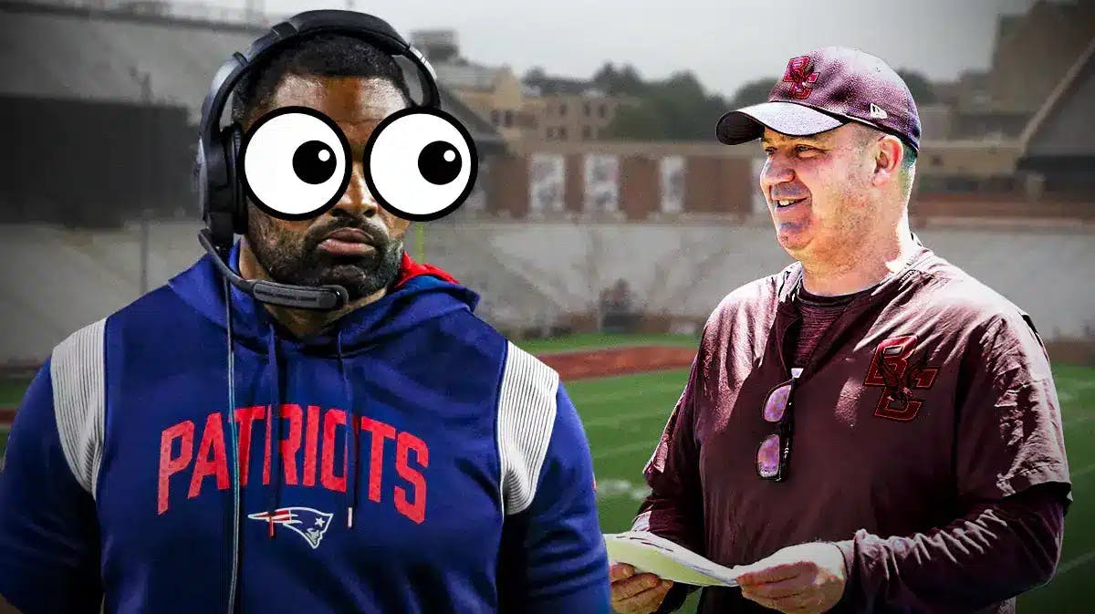 Bill O’Brien in Boston College football gear on one side, Jerod Mayo on the other side with the big eyes emoji over his face
