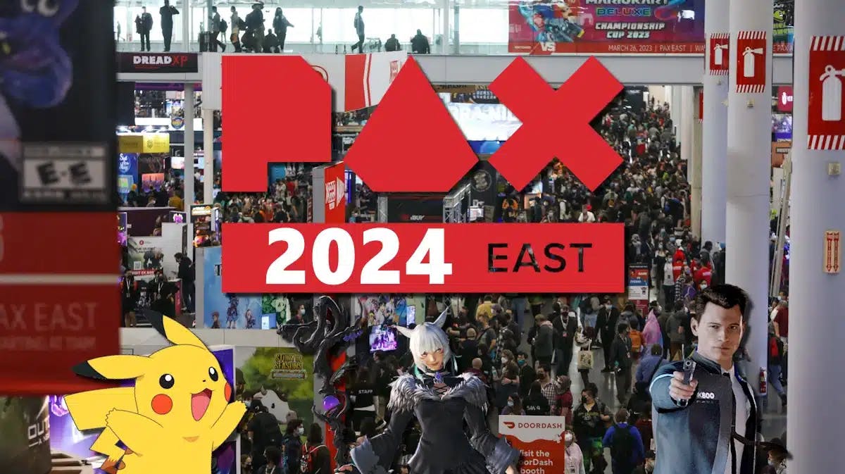 pax east 2024, pax east final fantasy xiv, pax east pokemon, pax east 2024 guests, pax east, a picture of pax east with the pax east logo and pikachu yshtola and connor under it