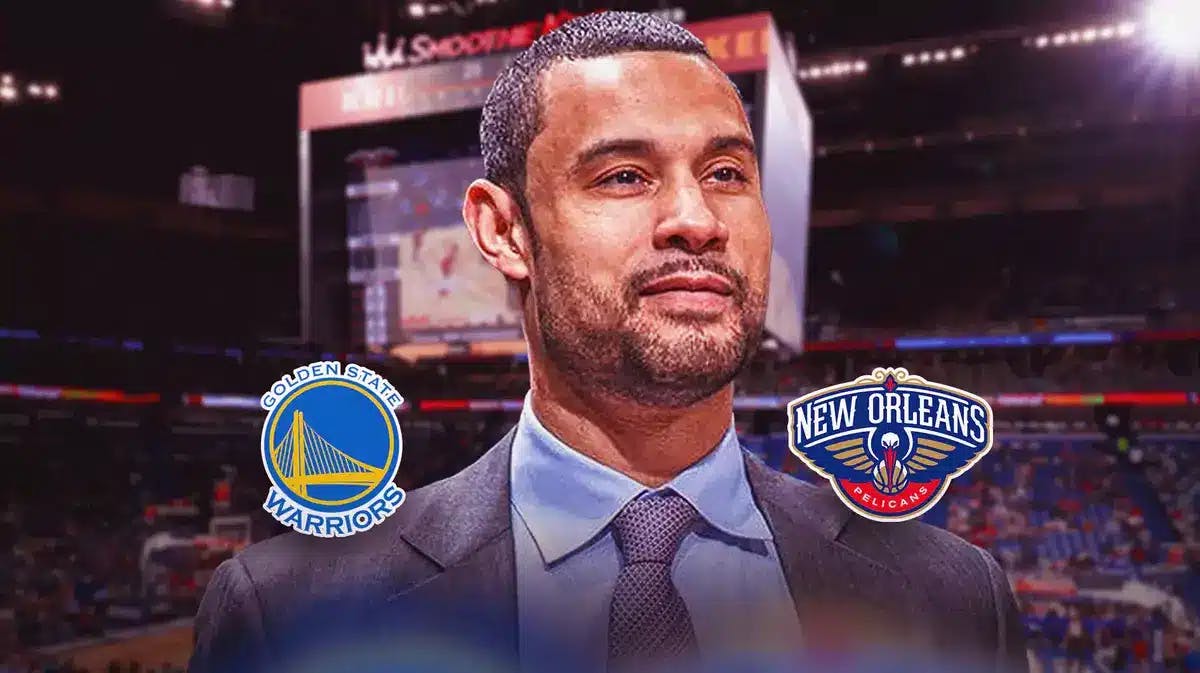 Pelicans Trajan Langdon next to a Warriors logo and a Pelicans logo at Smoothie King Center