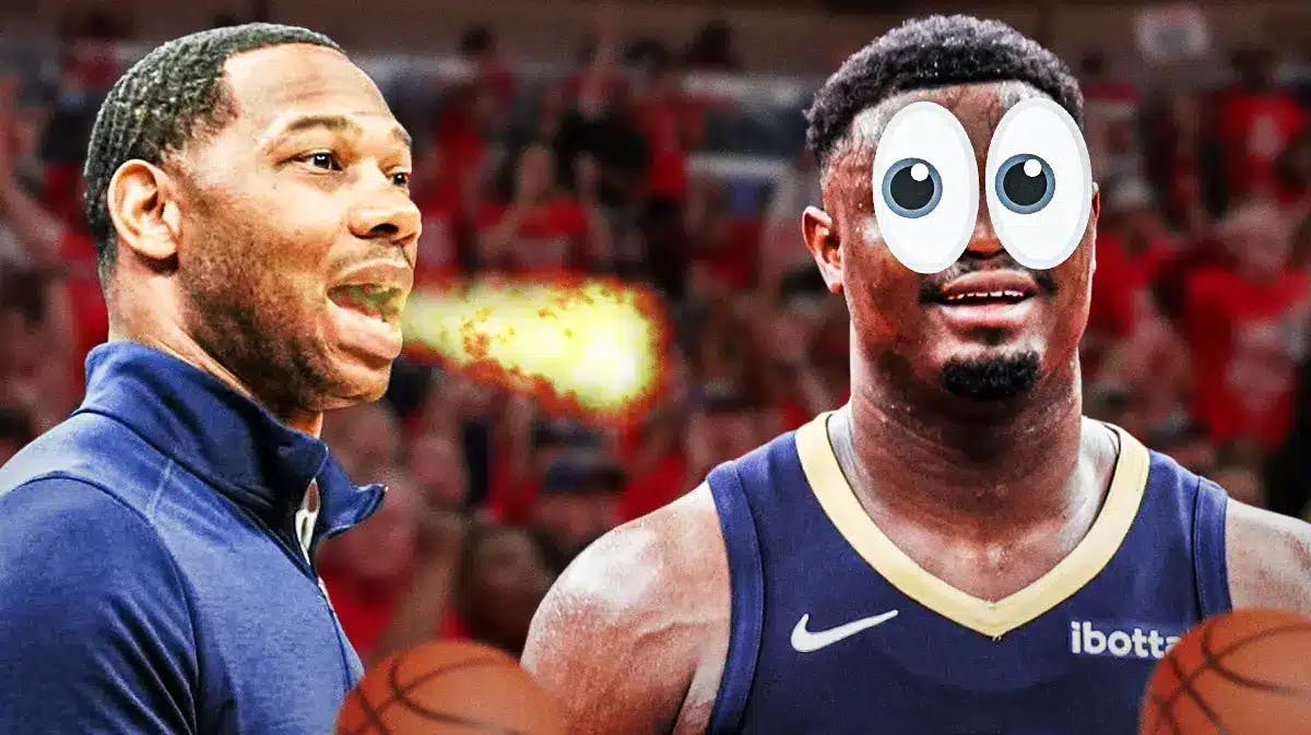 Willie Green on one side breathing fire, Zion Williamson on the other side with the big eyes emoji over his face