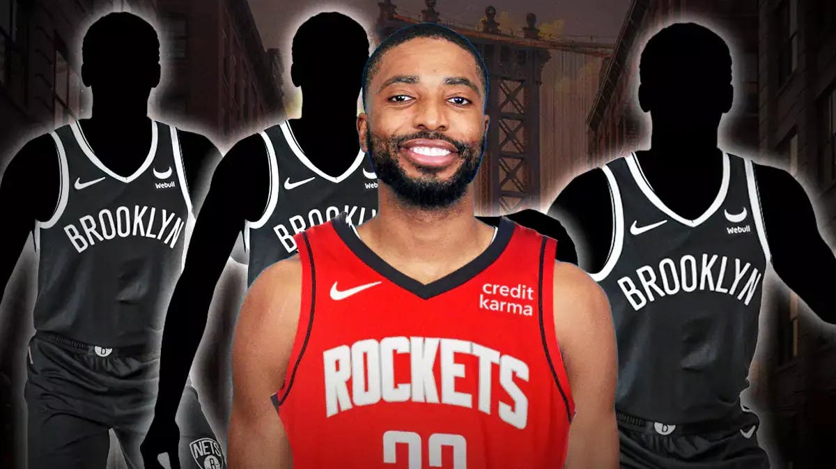 Mikal Bridges in a Rockets jersey with three silhouettes in Nets jerseys