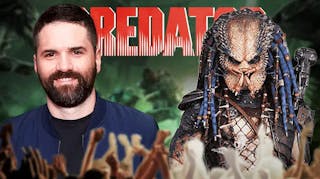 Dan Trachtenberg next to a Predator and the Predator series logo in the background