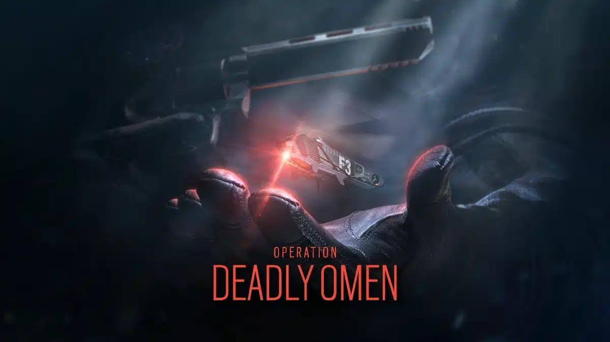 rainbow six deadly omen, operation deadly omen, deadly omen release date, deadly omen siege, rainbow six siege deimos, an image of the gadget used by deimos with the words operation deadly omen under it
