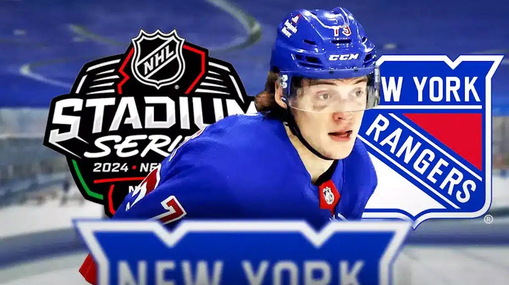 Matt Rempe in middle of image looking hopeful, 2024 NHL Stadium Series logo, NY Rangers logo, hockey rink in background