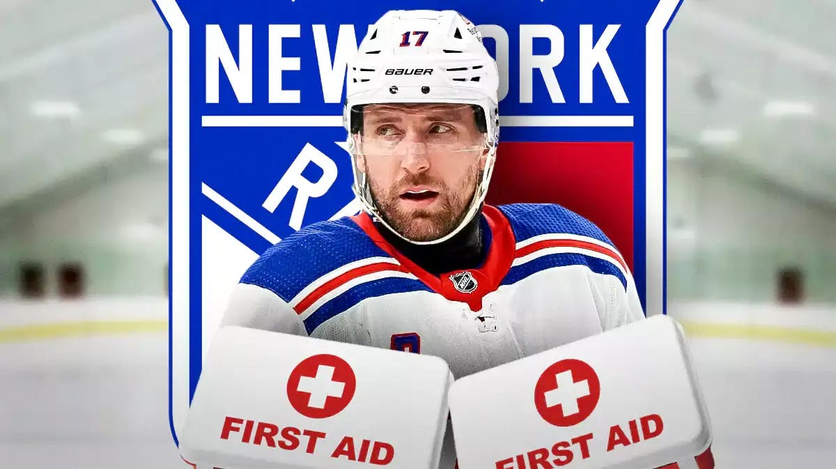 Blake Wheeler in middle of image looking stern, NY Rangers logo, first aid kit, hockey rink in background