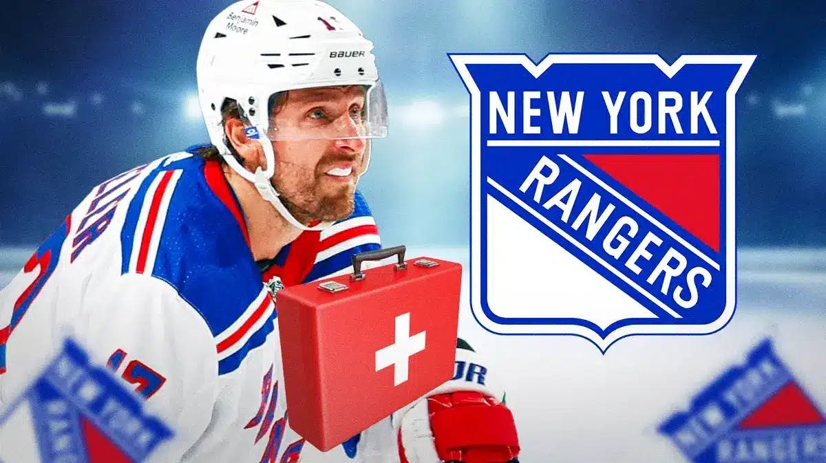 Blake Wheeler in middle of image looking stern, NY Rangers logo, first aid kit, hockey rink in background