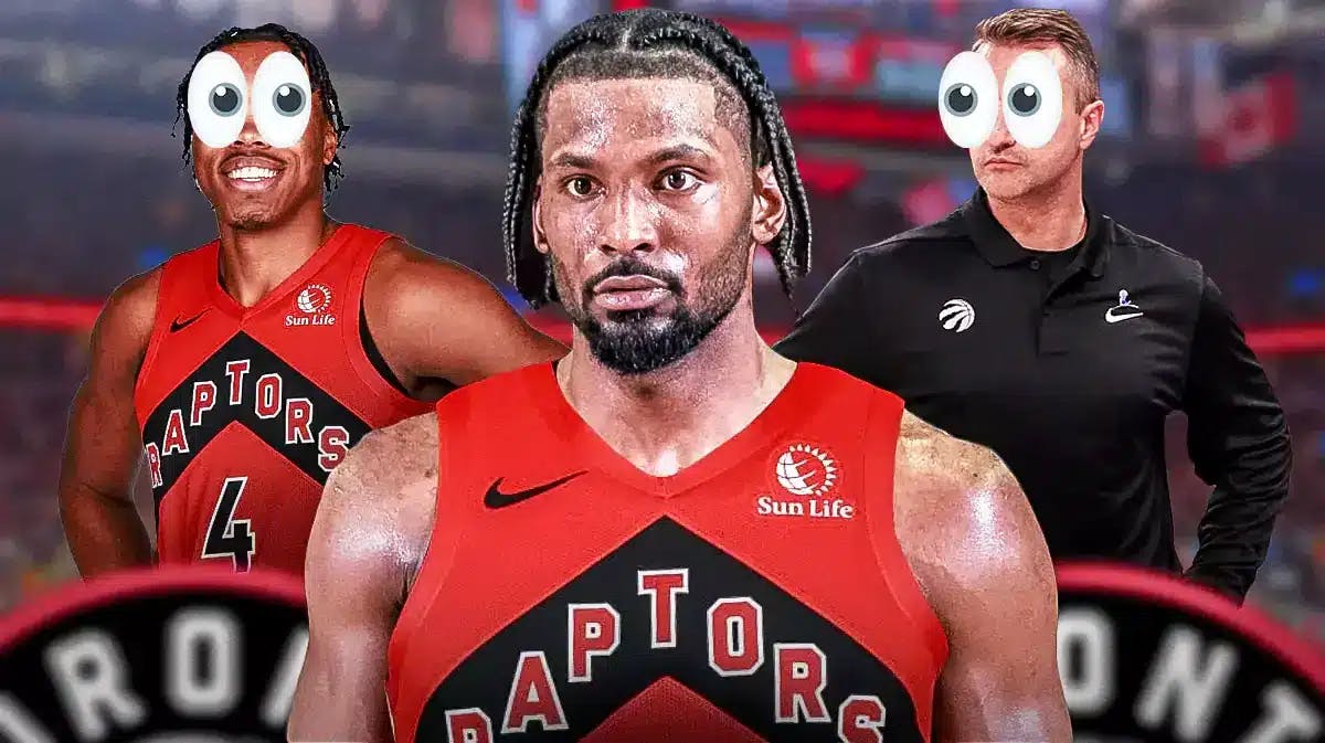 Justise Winslow in a Toronto Raptors jersey on one side, Scottie Barnes and Darko Rajakovic on the other side with the big eyes emoji over their faces. Mouhamadou Gueye
