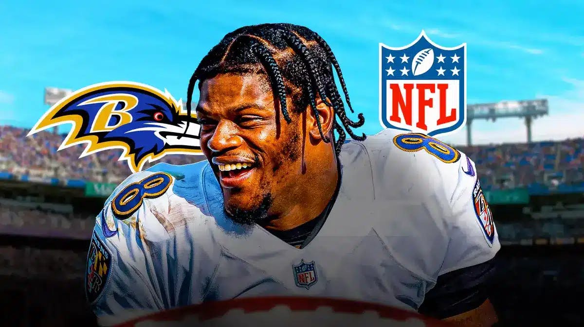 Ravens' Lamar Jackson smiles next to NFL logo after hearing Tom Brady stats amid his MVP award