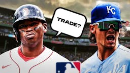 Red Sox’s Rafael Devers saying the following: Trade? Have him saying it to Royals' Bobby Witt Jr. Fenway Park background.