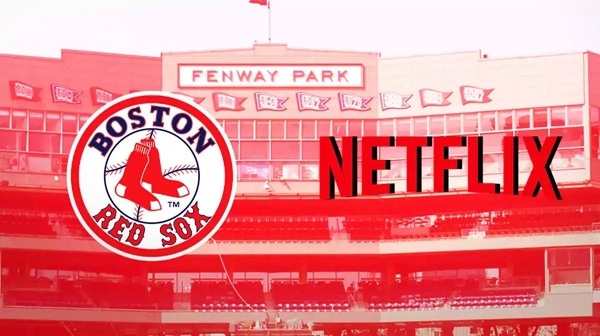 Boston Red Sox logo on left. Netflix logo on right. Fenway Park background.