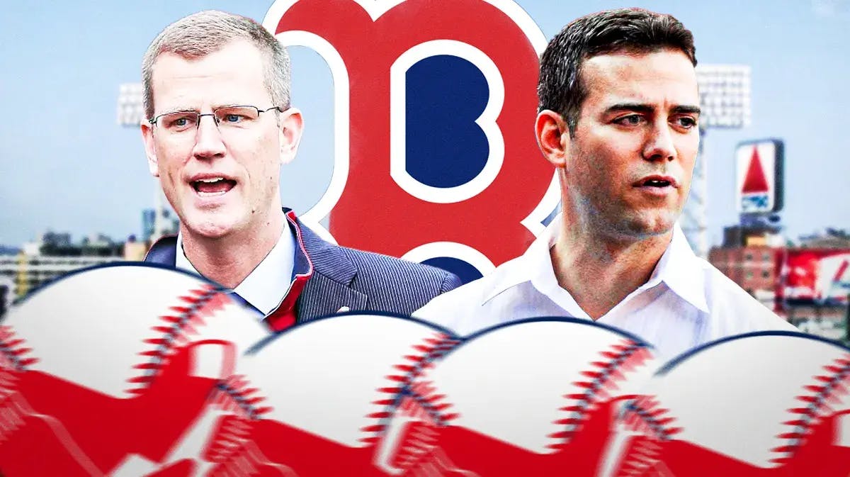 Red Sox Sam Kennedy and Theo Epstein next to a Red Sox logo at Fenway Park