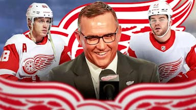 Steve Yzerman in middle of image looking happy, Patrick Kane and Alex DeBrincat on either side, DET Red Wings logo, hockey rink in background