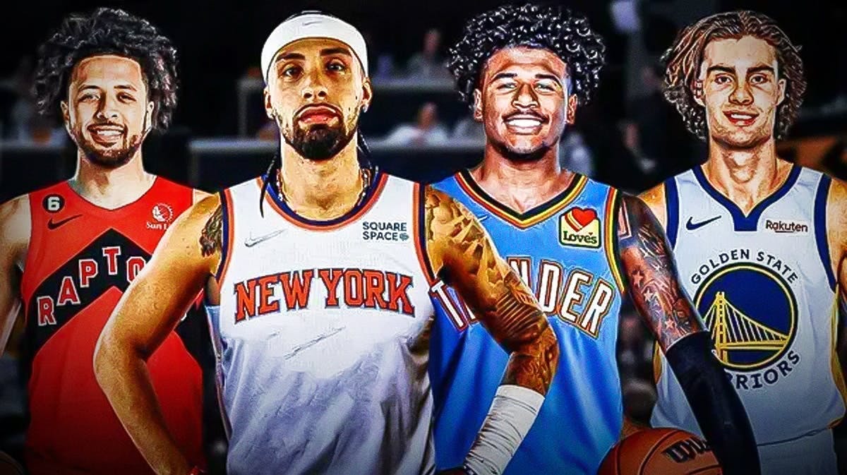 Jose Alvarado in Knicks jersey, Jalen Green in Thunder jersey, Cade Cunningham in Raptors jersey, Josh Giddey in Warriors jersey. Re-draft 2021 NBA Draft
