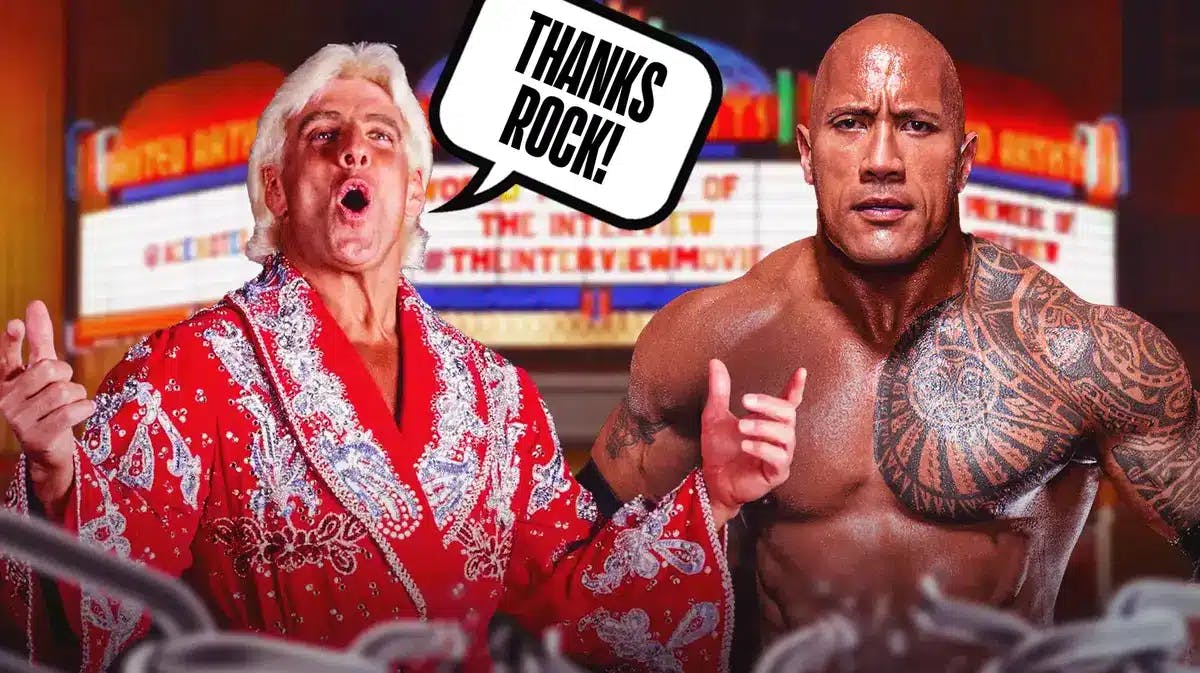 Ric Flair with a text bubble reading “Thanks Rock!” next to The Rock with a text bubble reading “Thanks Rock!” in front of a movie theater marquee.