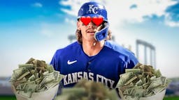 Royals Bobby Witt with hearts in his eyes surrounding by moneybags