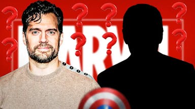 Henry Cavill next to a silhouette surrounded by question marks with the Marvel logo in the background