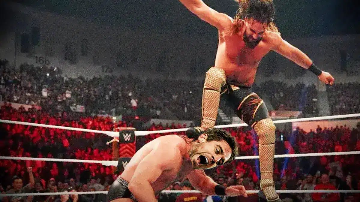 Aaron Rodgers being curb stomped by WWE star Seth Rollins.