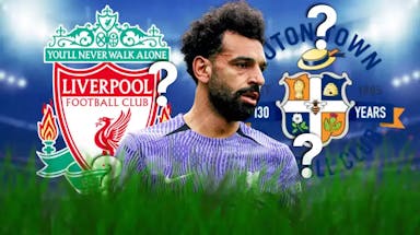 Mohamed Salah in front of the Liverpool and Luton Town logos, questionmarks in the air around him