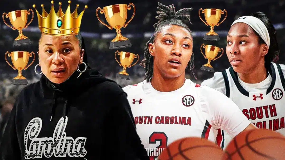 South Carolina women’s basketball coach Dawn Staley, with a crown emoji on her head, and South Carolina women’s basketball players Ashlyn Watkins and Bree Hall, with trophy emojis around all of them