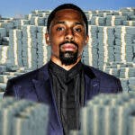 Spencer Dinwiddie surrounded by piles of cash.