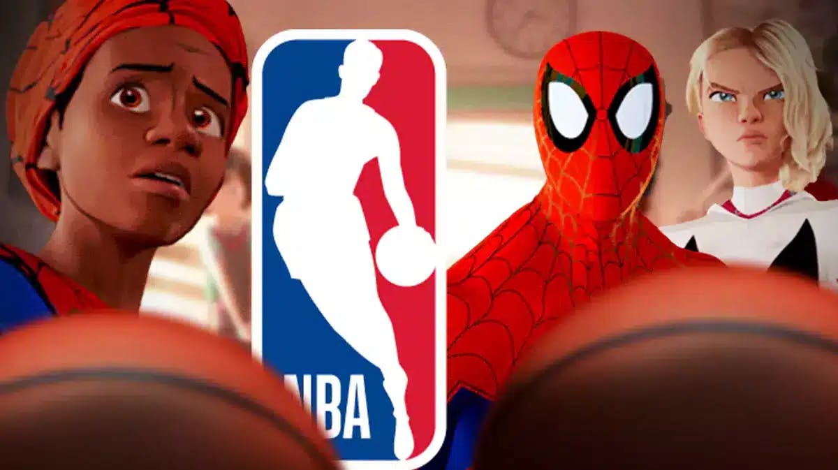 Scene from Spider-Man with an NBA logo.