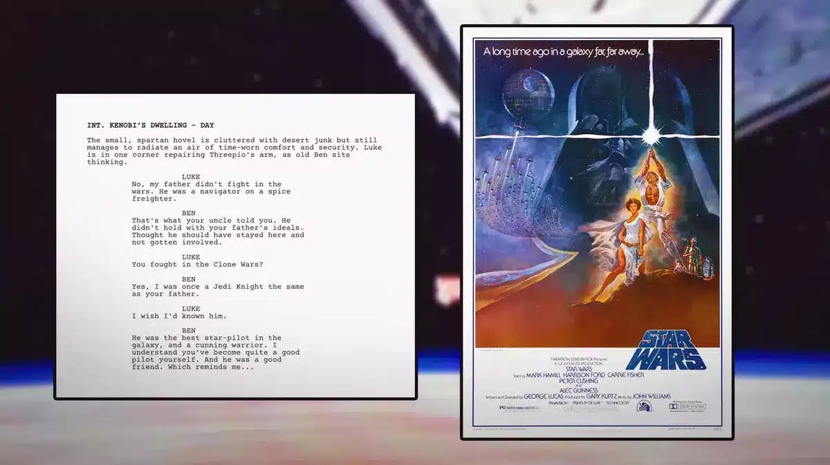 A script and the poster for Star Wars A New Hope.