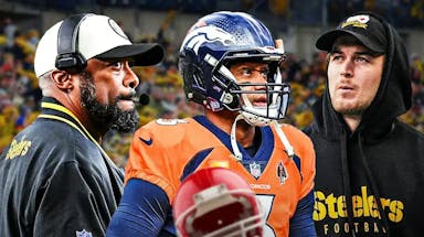 Mike Tomlin and Steelers QB Kenny Pickett looking at Russell Wilson.